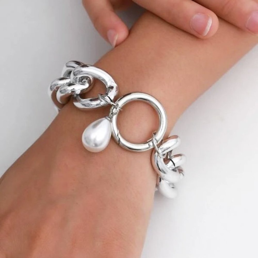 NEW‎ Silver Faux Pearl Chunky Chain Large Link Boho Statement Bracelet
